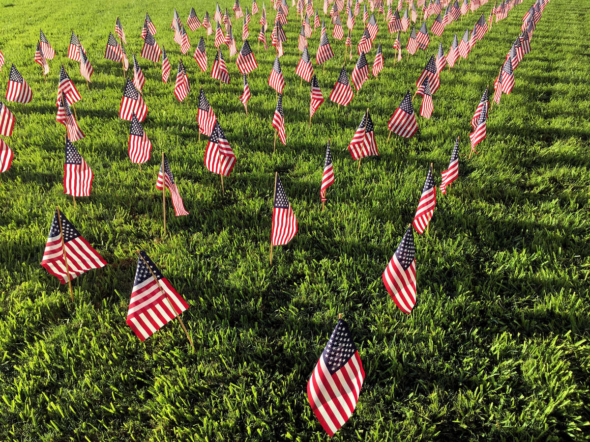 Small American flags arranged on grass lawn