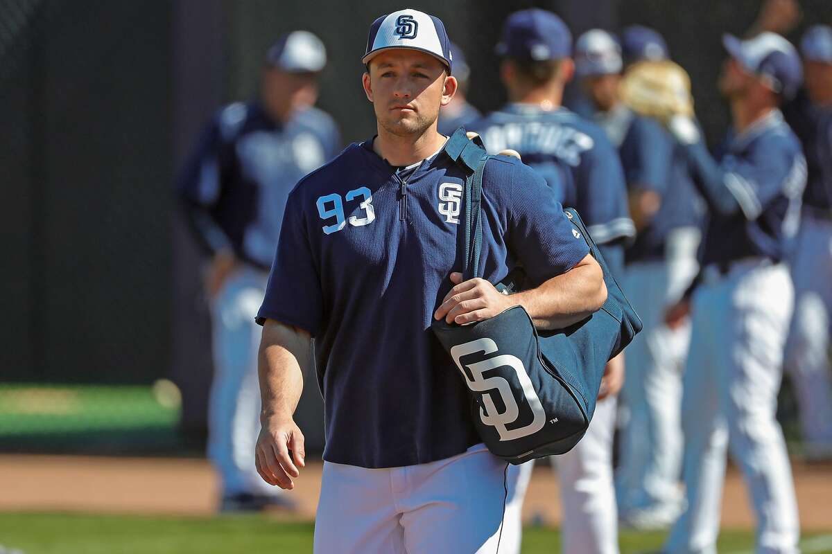 PEORIA, AZ - FEBRUARY 27: San Diego Padres infielder Jason Vosler (93) walks to the dugout before the MLB spring training baseball game between the Arizona Diamondbacks and the San Diego Padres on February 27, 2019 at Peoria Sports Complex Stadium in Peoria, Arizona. (Photo by Kevin Abele/Icon Sportswire via Getty Images)
