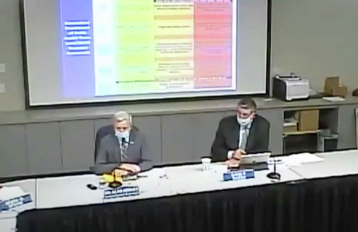 Schools Superintendent Alan Addley, left, urged the community to curtail social gatherings if Darien wants to continue in-person school learning. David Dineen, right, was elected the new chairman of the Board of Ed Tuesday night.