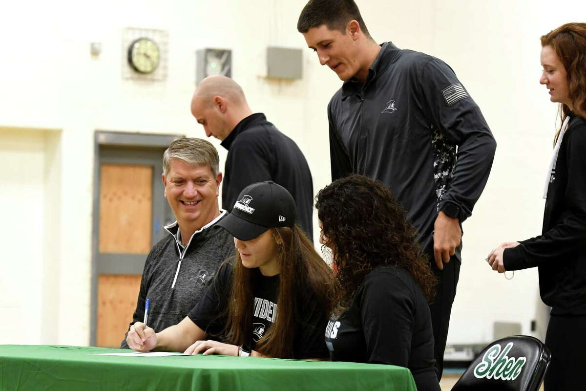 Shenendehowa basketball player Meghan Huerter signs a letter of intent with Providence College during a ceremony on Wednesday, Nov. 11, 2020, at Shenendehowa High School, in Clifton Park, N.Y. (Will Waldron/Times Union)