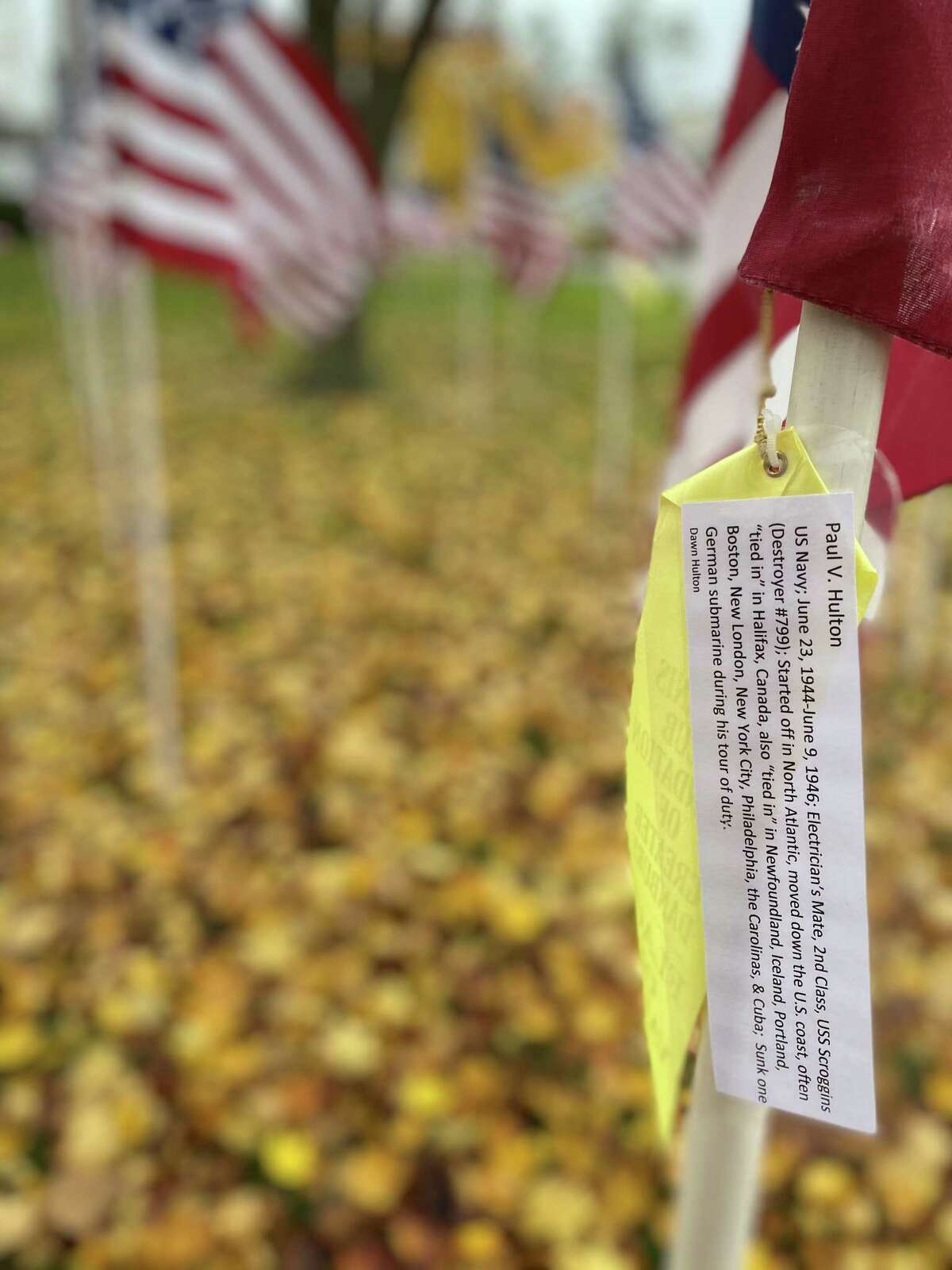 After the ceremony, some residents visited the Flags of Valor display, put on by the Kiwanis Club of Danbury, on the lower lawn of the New Milford Historical Society near the top of the Green. Flags are tagged with the names of veterans.