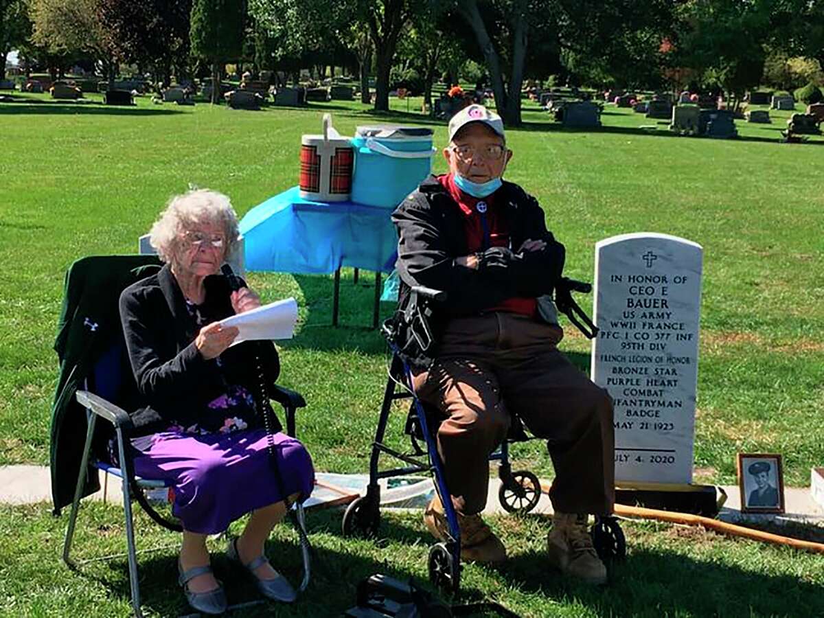 Elaine Garlock, 100, speaks at a memorial for her brother Rolland Hill as Ceo Bauer looks on. Hill died July 14, 1944, fighting Normandy, France. (Courtesy photo/Bruce Garlock)