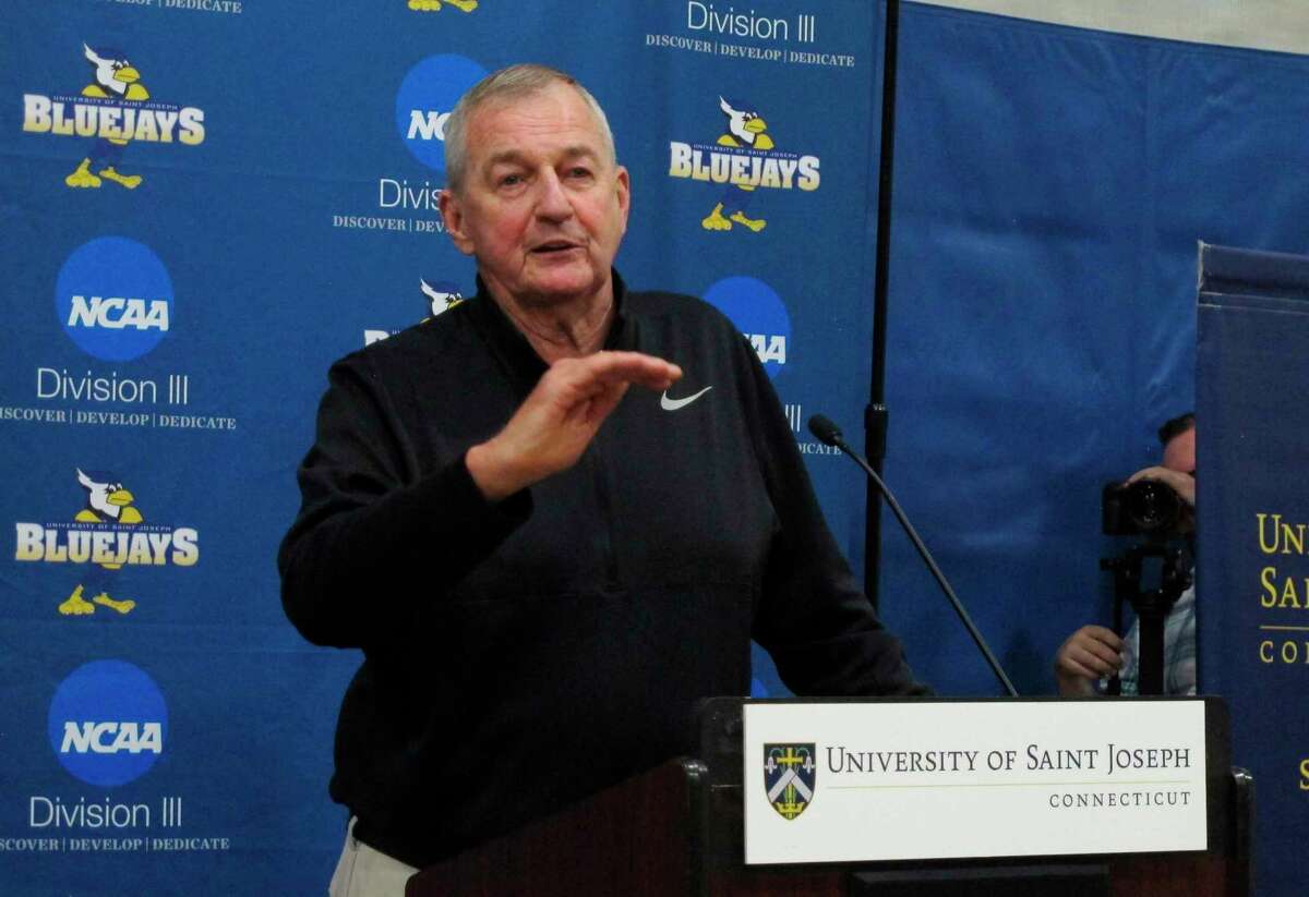 Hall of Fame basketball coach Jim Calhoun talks about his efforts in building a new basketball program at Saint Joseph, a Division III school, during a news conference on the school's West Hartford, Conn., campus Wednesday, May 16, 2018. (AP Photo/Pat Eaton-Robb)