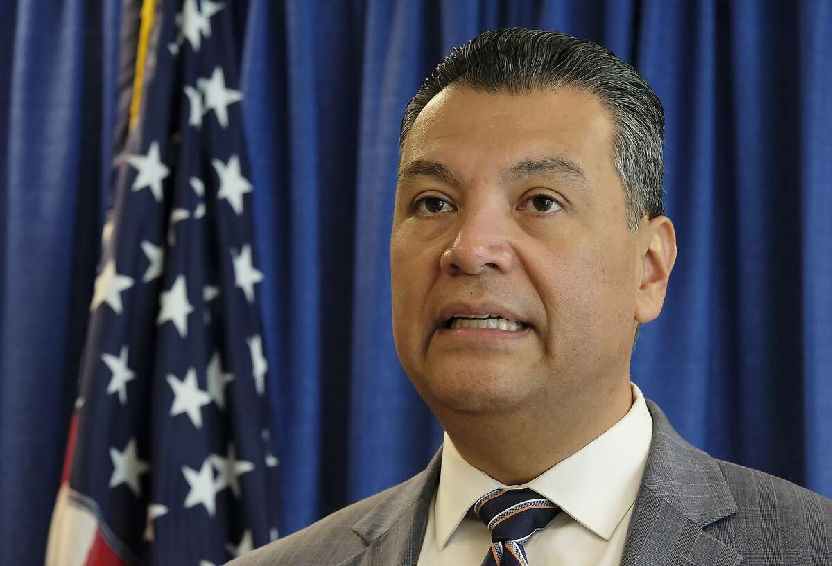 FILE - In this Nov. 2, 2018, file photo, California Secretary of State Alex Padilla speaks in San Francisco. Election Day is over but California already is consumed with its next high-profile political contest the competition to fill Kamala Harris' soon-to-be-vacant U.S. Senate seat. Padilla is one of a group of people being considered as one of the candidates for the Senate pick.