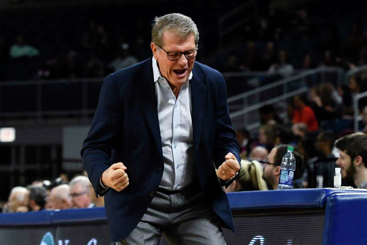 Connecticut head coach Geno Auriemma reacts during the second half of an NCAA college basketball game against DePaul on Monday, Dec. 16, 2019 in Chicago, Ill. (AP Photo/Matt Marton)