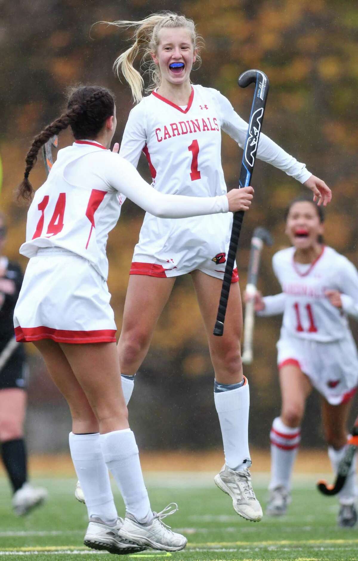 Greenwich's Zita Cohen (1) celebrates after scoring the first goal in Greenwich's 6-0 win over Stamford in the FCIAC West championship game at Greenwich High School in Greenwich, Conn. Thursday, Nov. 12, 2020.