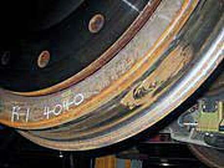 Metro-North Railroad provided a photo of a train's tire that has undergone damage from slip-slide conditions. With rain and wet leaves falling on Thursday, Nov. 12, 2020, Metro-North was reporting train delays because of “slip-side conditions” on Thursday night. Slip-slide conditions are caused by a slimy substance left by crushed leaves on the rails that gets even more slippery after it rains. Photo: Metro-North Railroad Contributed Photo / Connecticut Post Contributed