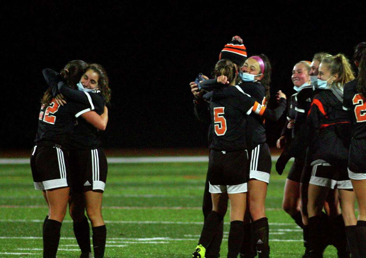 Shelton celebrates its win over Foran in SCC girls soccer playoff action in Shelton, Conn., on Thursday Nov. 12, 2020.