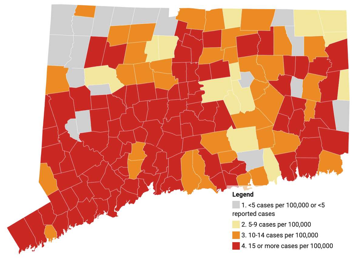 Average Daily Rate of COVID-19 Cases Among Persons Living in Community Settings per 100,000 Population By Town. Which towns are considered ‘red alert’? Initially the ‘red alert’ towns were mostly concentrated in the eastern part of the state around New London. Now, they are all over. As of Nov. 27, all but 19 towns across the state were considered to be red. Towns not red or orange include Bridgewater, Roxbury, Warren, Cornwall, Sharon, Canaan, Norfolk, Colebrook, Hartland, Union, Eastford, and Scotland. Those considered orange are Guilford, North Stonington, Preston, Pomfret, Ashford, and Stratford. The full list of communities can be found here. Wondering how many cases it takes for your town to be labeled red? You can find that here. What makes a town in the red category? Municipalities fall into the red category if they have an average of 15 confirmed positive cases of coronavirus over 14 days per 100,000 residents. There is also an orange (10-14 cases per 100,000 residents per day) and yellow (5-9 cases per 100,000 residents per day).  