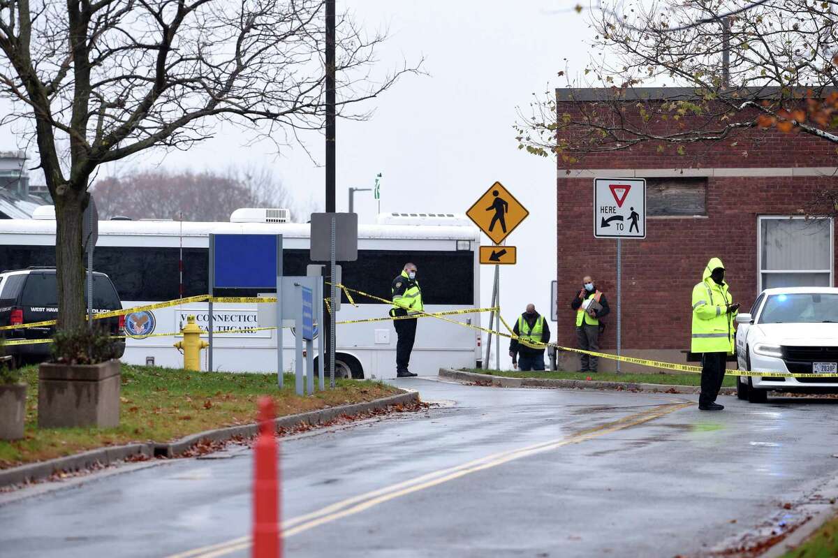 The scene outside of the boiler plant at the West Haven VA Hospital following an explosion earlier in the morning on November 13, 2020.