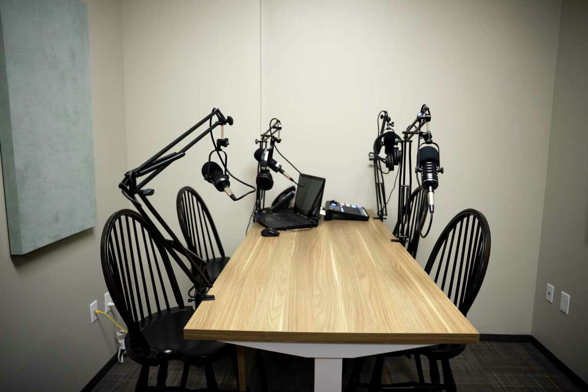 Pictured is a photo of a podcast room. The Ridgefield Historical Society, and the Aldrich Contemporary Art Museum in Ridgefield have each released a podcast.