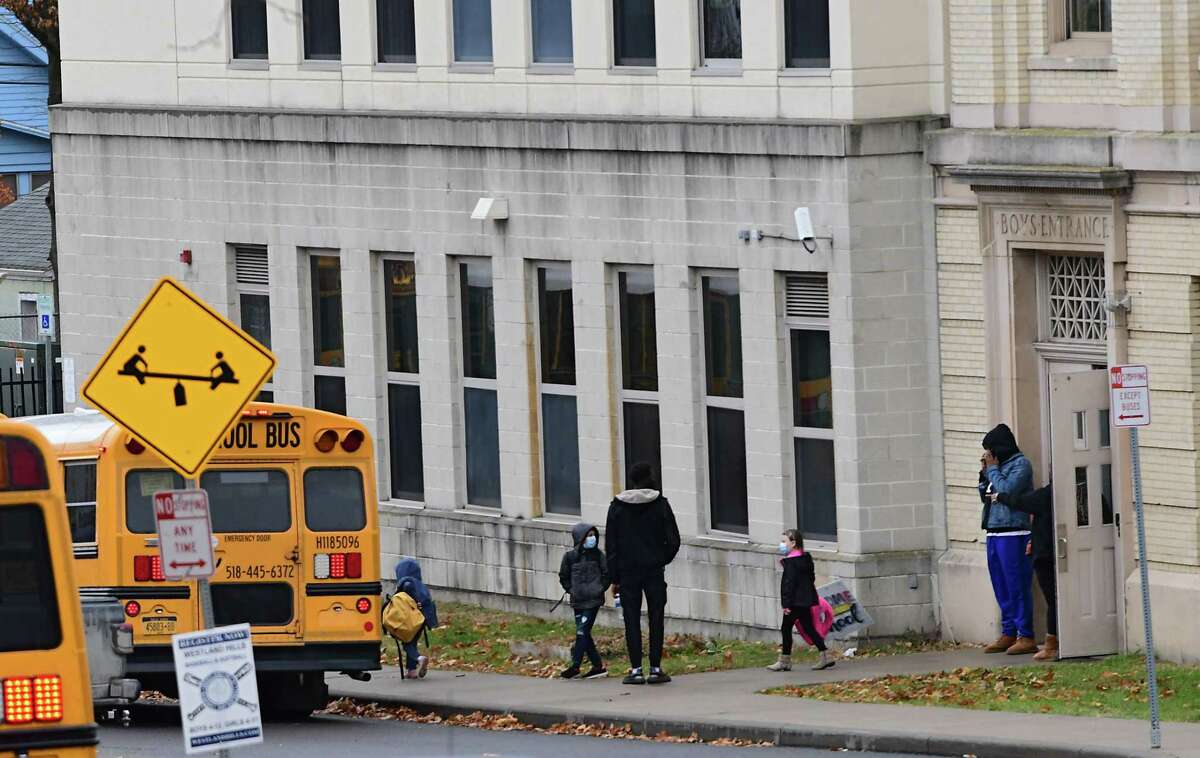 Students are let out for the day at Eagle Point Elementary School on Friday, Nov. 13, 2020 in Albany, N.Y. Capital Region schools are preparing for a potential stay at home order. (Lori Van Buren/Times Union)