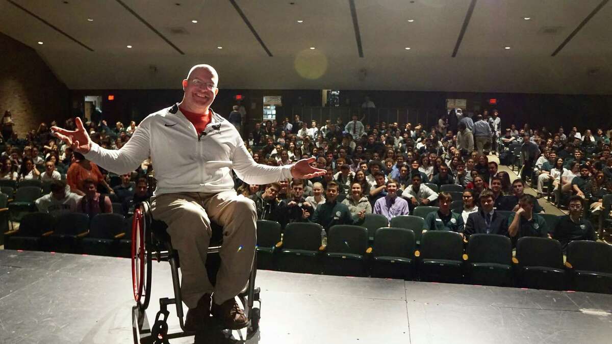 Paralympian Steve Emt at a speaking engagement last year.