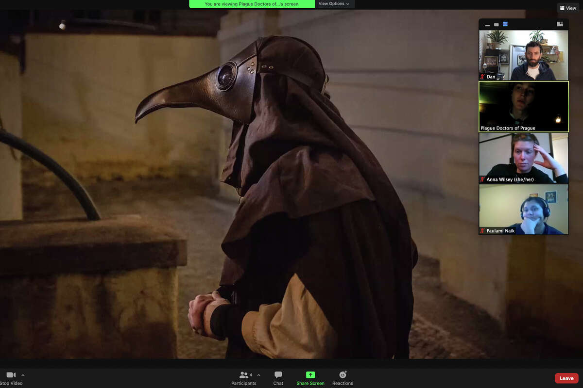 The Airbnb online experience of following a plague doctor through the city of Prague was a unique way to see the city from a distance.