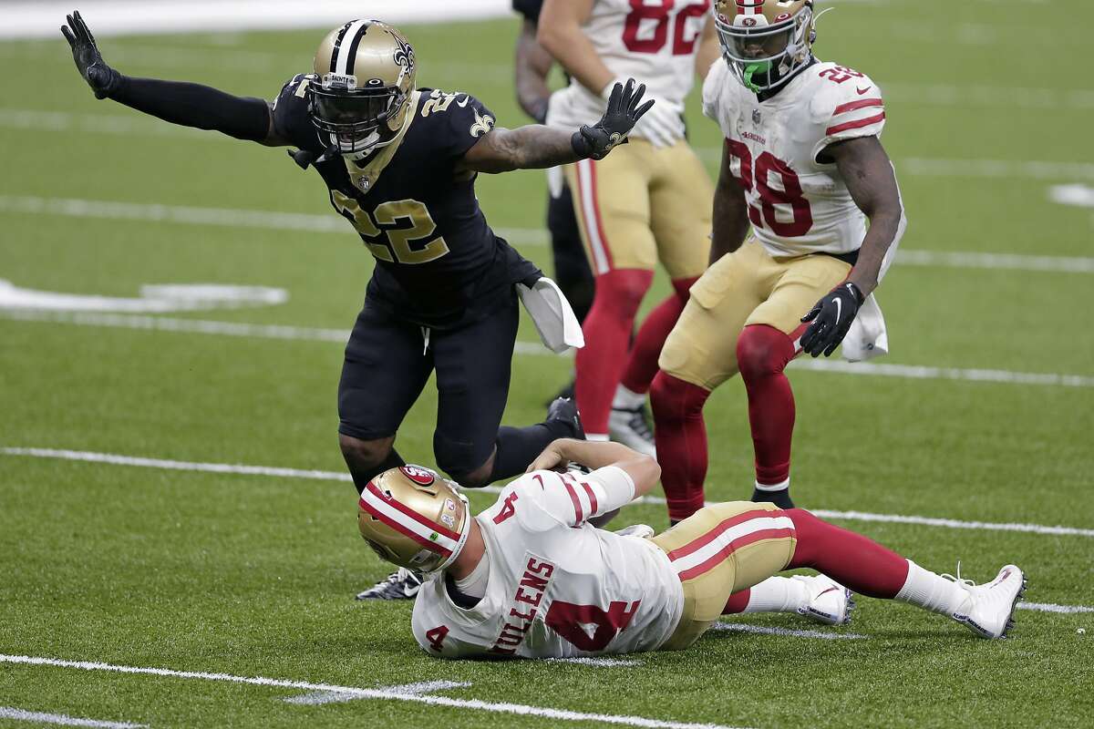 New Orleans Saints safety Chauncey Gardner-Johnson (22) celebrates his sack of San Francisco 49ers quarterback Nick Mullens (4) in the second half of an NFL football game in New Orleans, Sunday, Nov. 15, 2020. (AP Photo/Brett Duke)