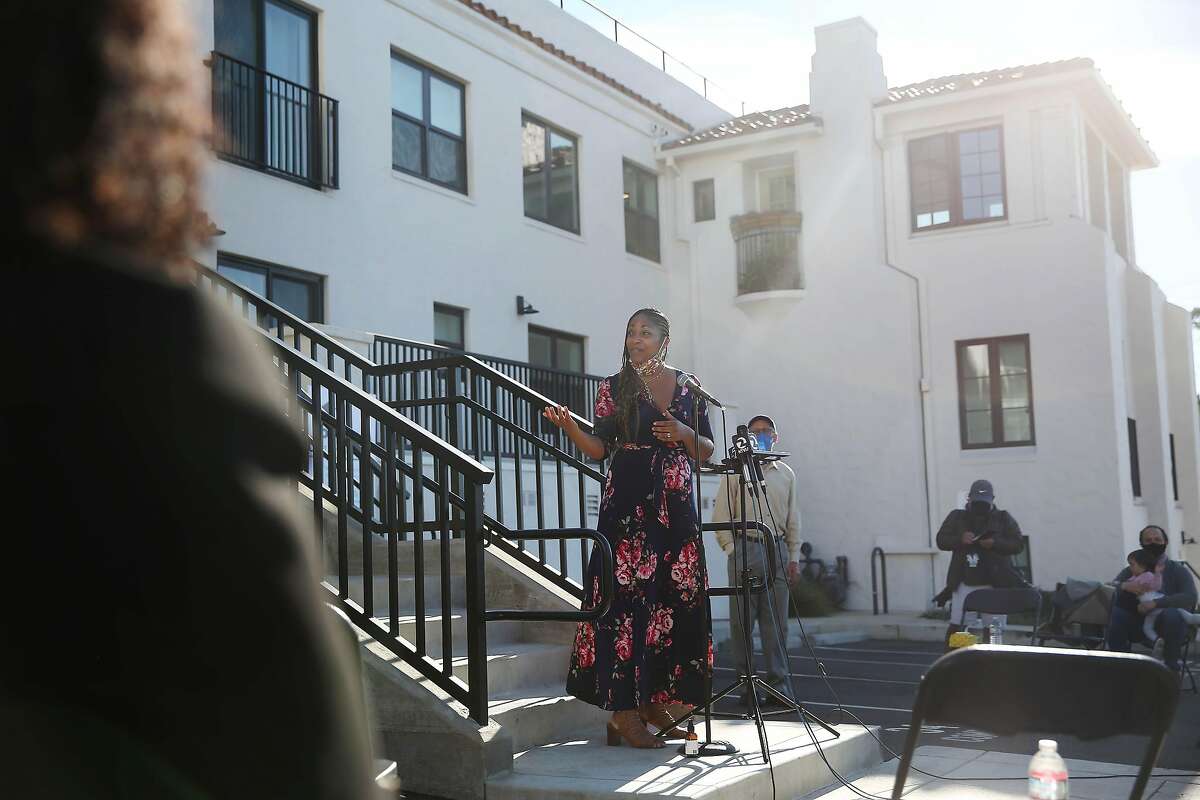 Oakland schools Superintendent Kyla Johnson-Trammell holds a news conference at the Paloma Apartments in the Oakland hills, where units are being rented to teachers at super-low cost.