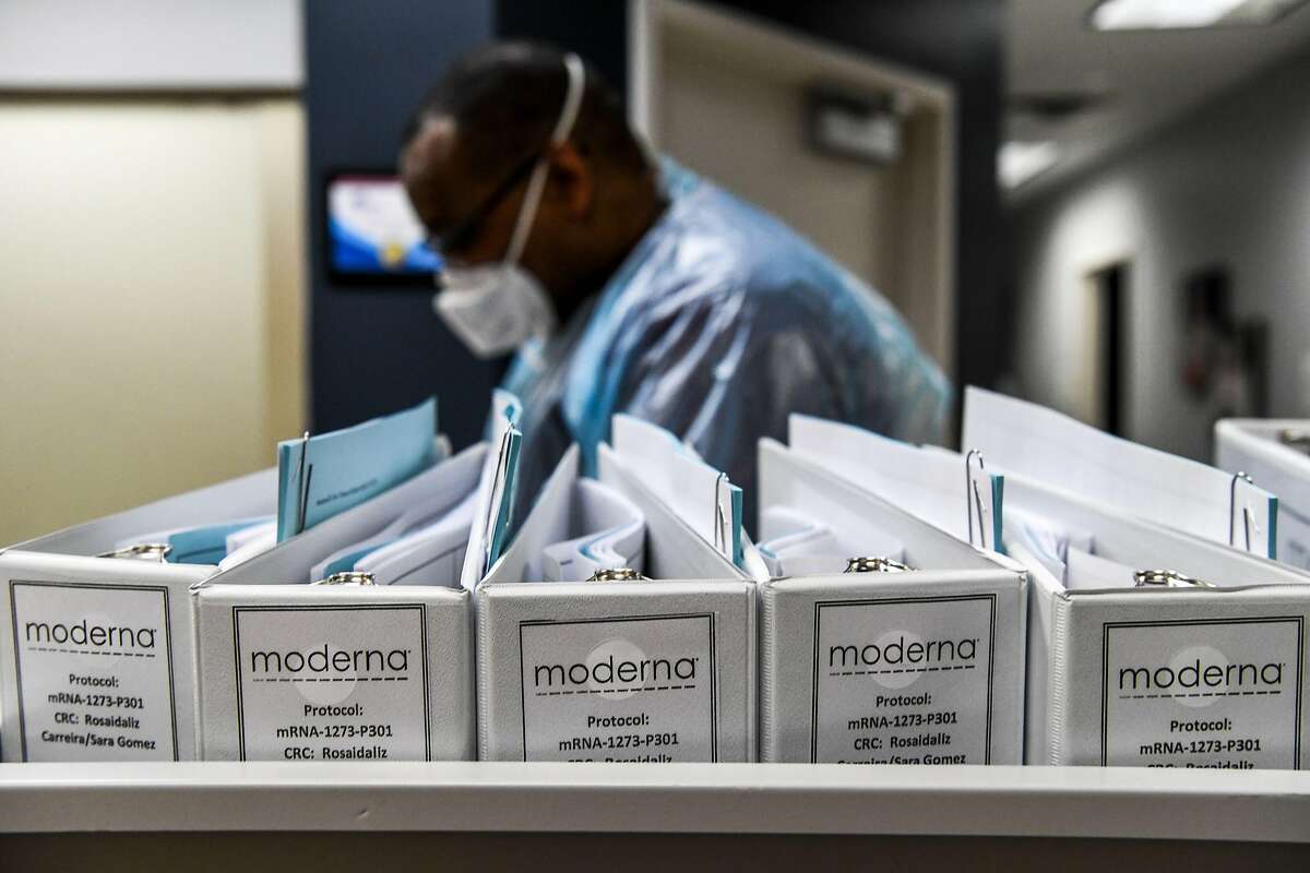 Biotechnology company Moderna protocol files for COVID-19 vaccinations are kept at the Research Centers of America in Hollywood, Florida, on August 13, 2020. (Chandan Khanna/AFP via Getty Images)