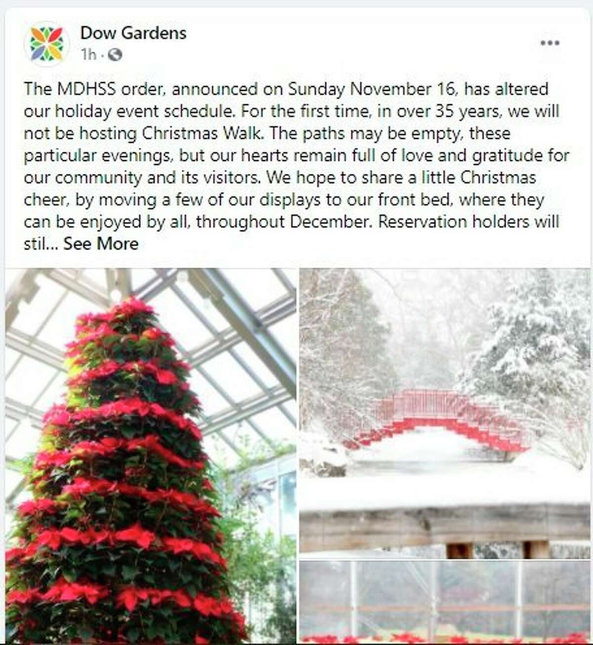Dow Gardens announced the cancellation of the annual Christmas Walk event on Facebook on Tuesday, Nov. 17, 2020. (Facebook screen photo/Dow Gardens)