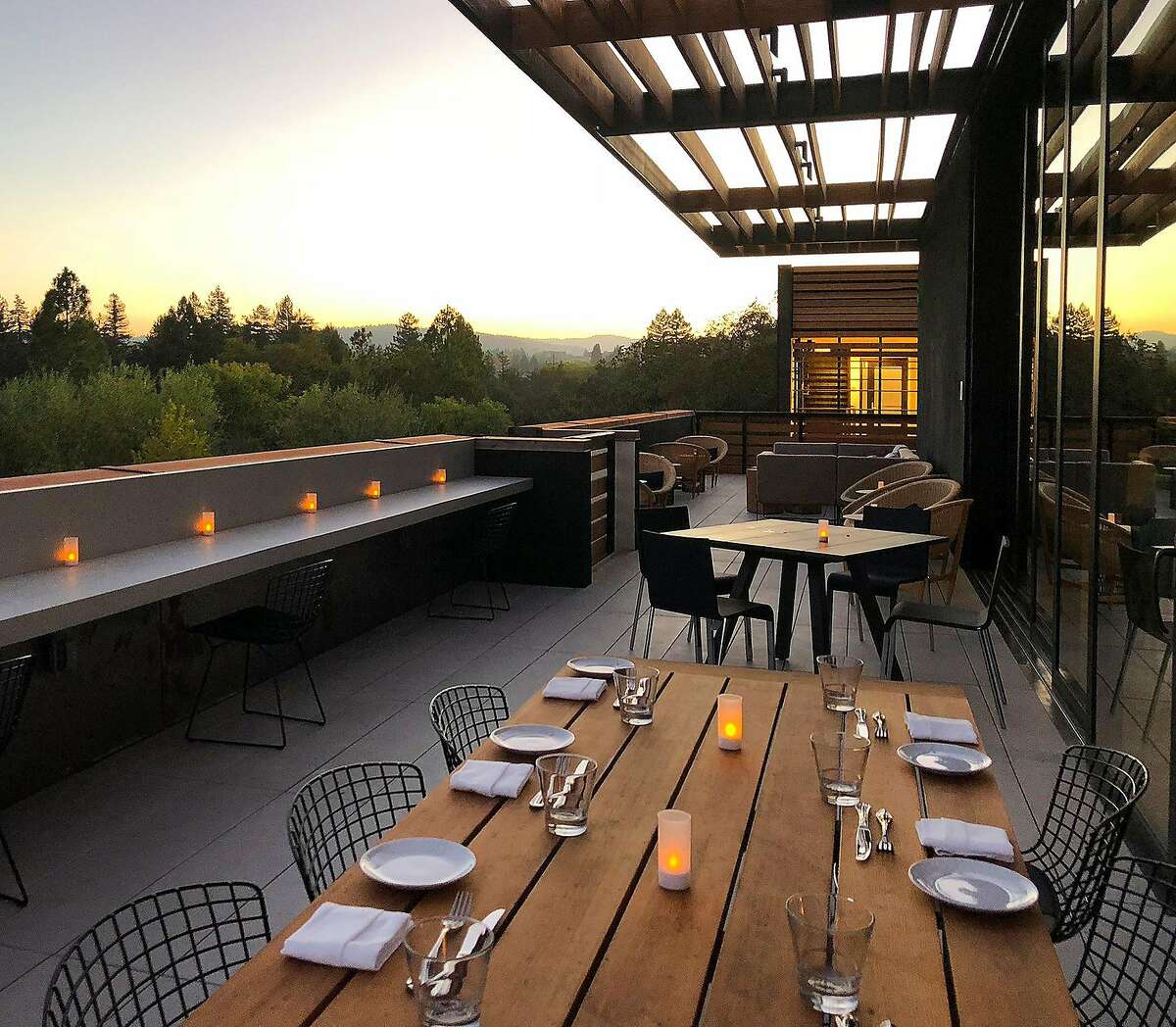 The rooftop terrace at the Harmon Guest House features views of Fitch Mountain, the Sonoma hills and downtown Healdsburg.