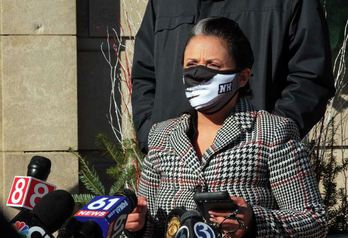 New Haven Public Health Director Maritza Bond holds a press conference announcing the enforcement of wearing masks in all city businesses in downtown New Haven, Conn., on Nov. 18, 2020.