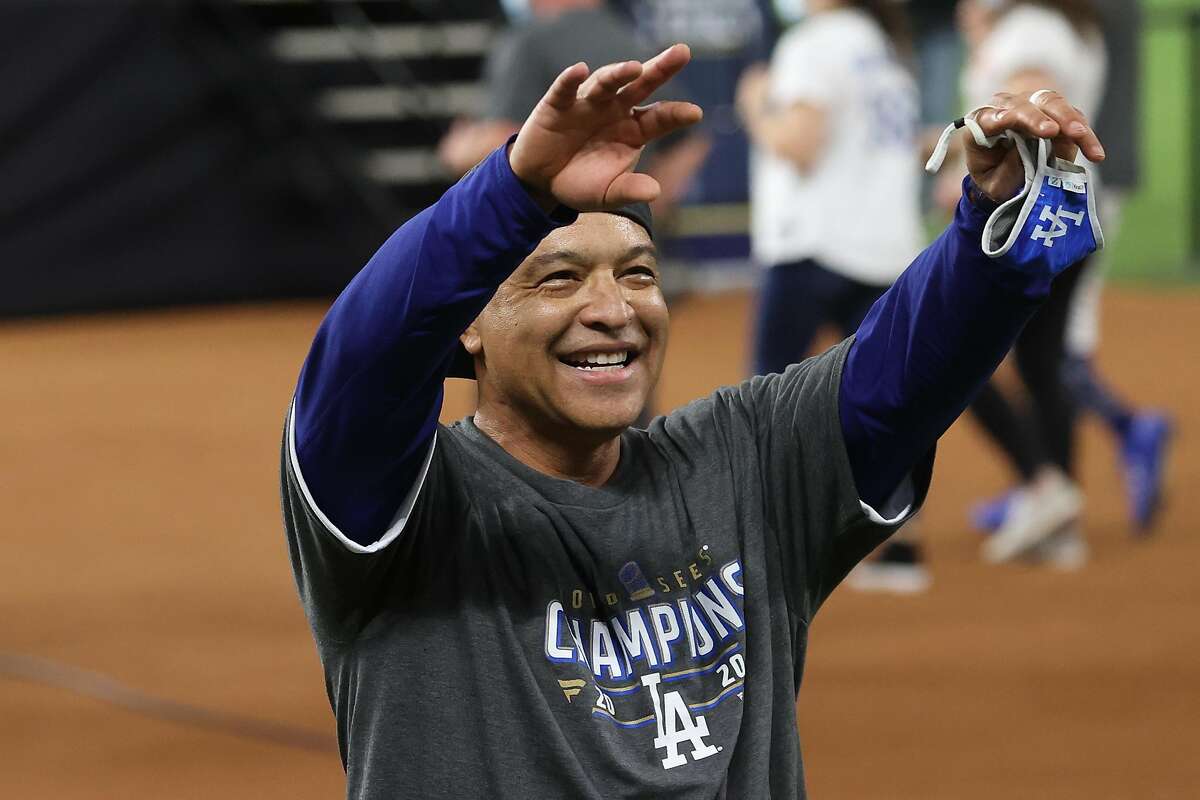 Manager Dave Roberts of the Los Angeles Dodgers celebrates after defeating the Tampa Bay Rays 3-1 in Game Six to win the 2020 MLB World Series at Globe Life Field on October 27, 2020 in Arlington, Texas.