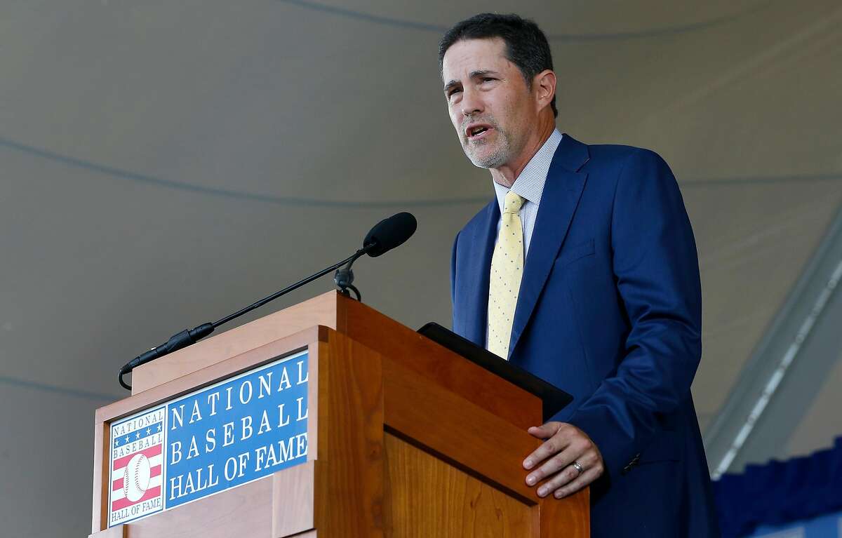 COOPERSTOWN, NEW YORK - JULY 21: Mike Mussina gives his speech during the Baseball Hall of Fame induction ceremony at Clark Sports Center on July 21, 2019 in Cooperstown, New York. (Photo by Jim McIsaac/Getty Images)