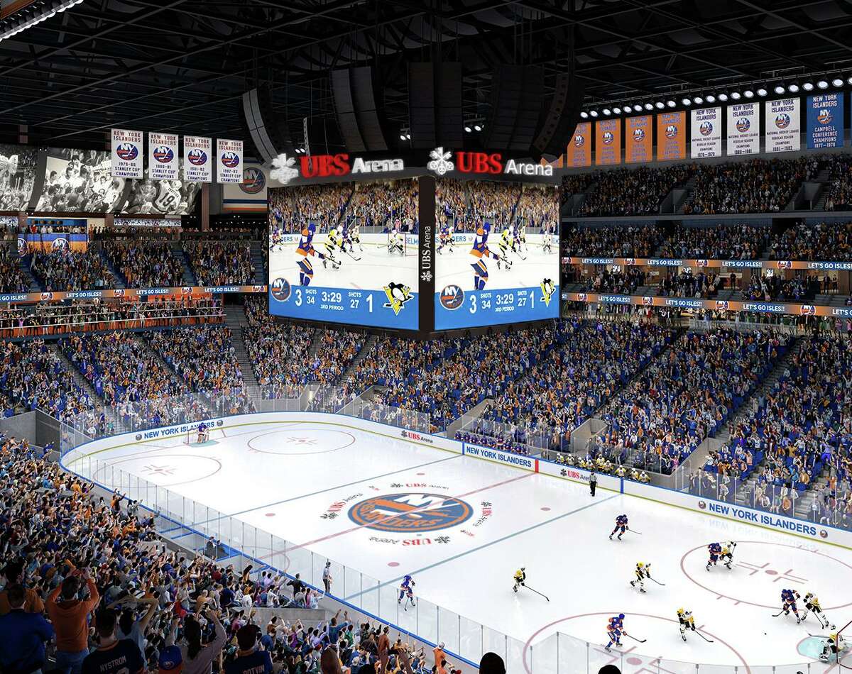 An artist's rendering of center ice at UBS Arena in Belmont, N.Y., future home of the New York Islanders.