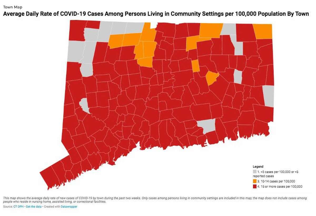 Nearly all of Connecticut’s 3.5 million residents now live in communities that are considered “red alert” zones for the virus, a metric based on the number of new daily cases per 100,000 people in 14 days.