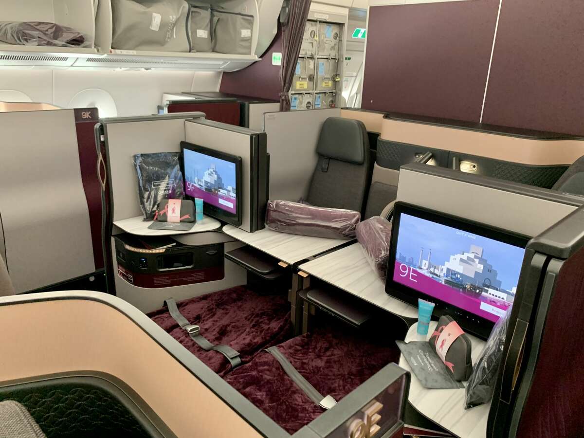 Center business class seats on a Qatar Airways Airbus A350 like the one that will fly between San Francisco and Doha.