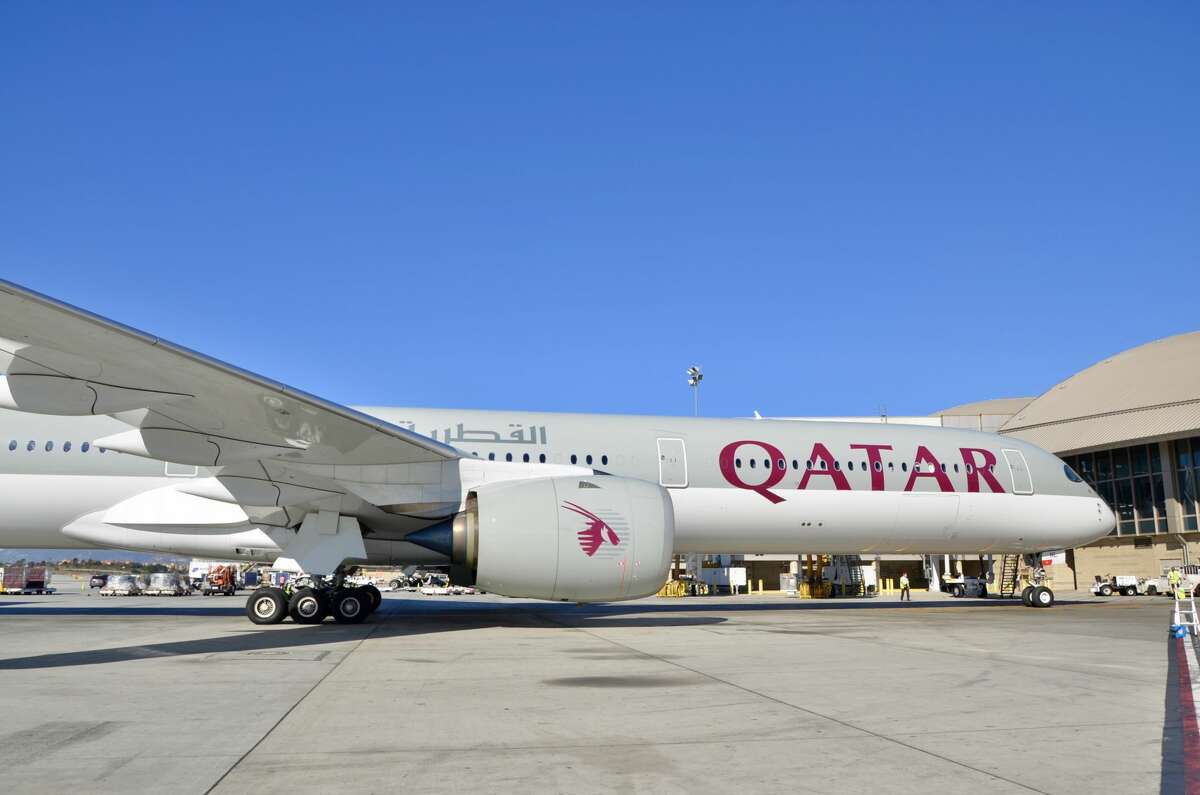 A Qatar Airways Airbus A350-900 will fly between San Francisco and Doha. Pictured here arriving at the Tom Bradley International Terminal at LAX is a similar A350-1000.