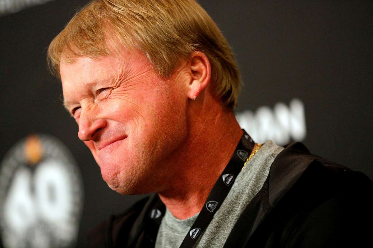 Oakland Raiders head coach Jon Gruden during a news conference at the Napa Valley Marriott Hotel & Spa, Friday, July 26, 2019, in Napa, Calif.
