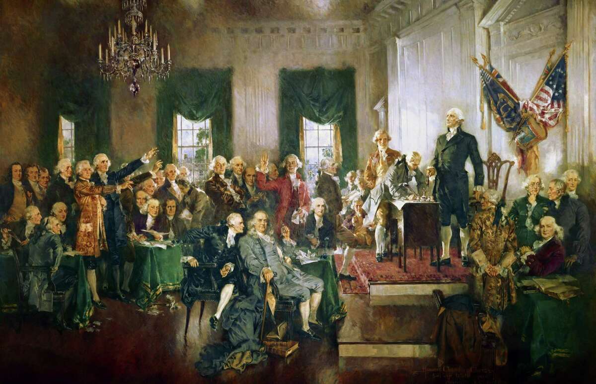 The painting "Scene at the Signing of the Constitution of the United States" by Howard Chandler Christy, which can be viewed on east stairway of the House side of the U.S. Capitol.