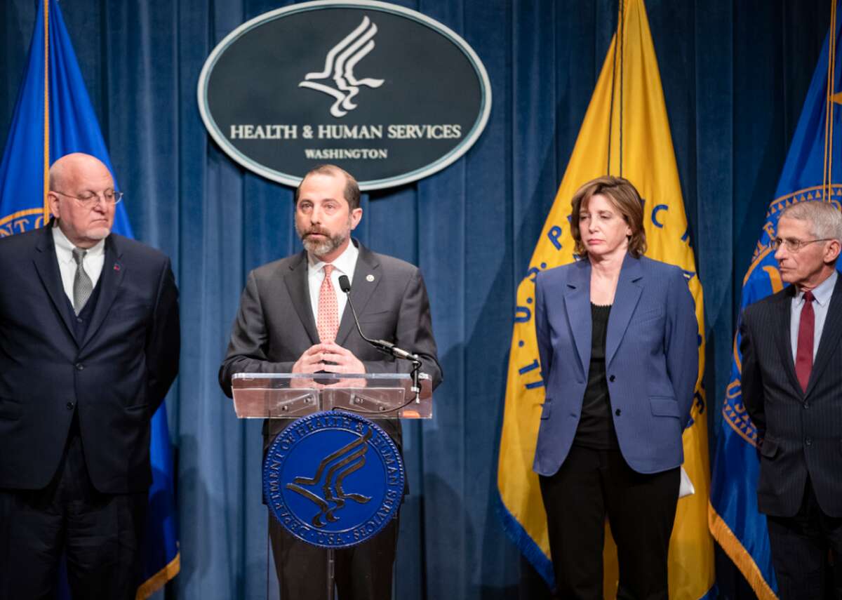 Health And Human Services briefs the media on the department's response to the coronavirus in January Health and Human Services Secretary Alex Azar is joined by (from left to right) Centers for Disease Control and Prevention Director Robert Redfield, National Center for Immunization and Respiratory Diseases Director Nancy Messonnier, and National Institute of Allergy and Infectious Diseases Director Anthony Fauci, for a press conference on the coordinated public health response to the COVID-19 pandemic. At this time, only a handful of cases had been reported in the United States.
