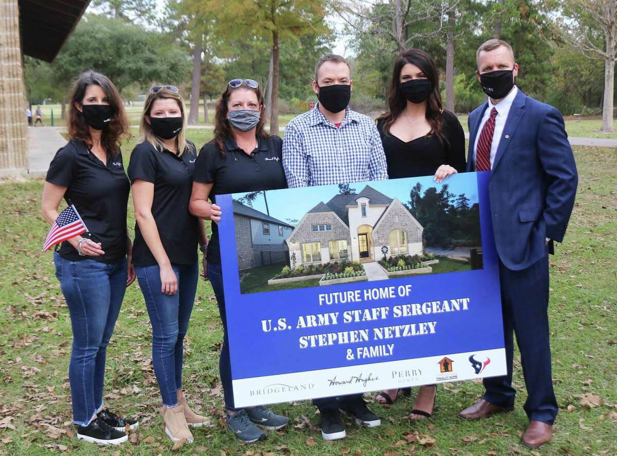 Brandi Coatsworth, Martha Gros, and Lona Shippe of Howard Hughes Corporation along with Kelle Gandy and Matthew Gerdes of Perry Homes donated the land and the building of the home to Stephen Netzley.