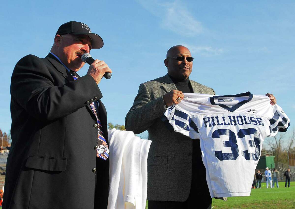 Reg0662Photo-Peter Casolino 10/26/06 New Haven-- New Haven Athletic Director Joe Canzanella addresses the crowd as former Hillhouse standout and NFL Hall of Famer Floyd Little had his number retired during the halftime of the Hillhouse Vs. Shelton Game .Photo-Peter Casolino