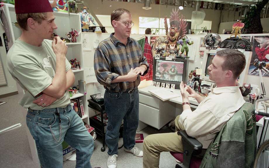 Nov. 2, 1995: “Toy Story” director John Lasseter (center) makes the rounds at Pixar’s office park space in Point Richmond. Photo: Jerry Telfer / The Chronicle