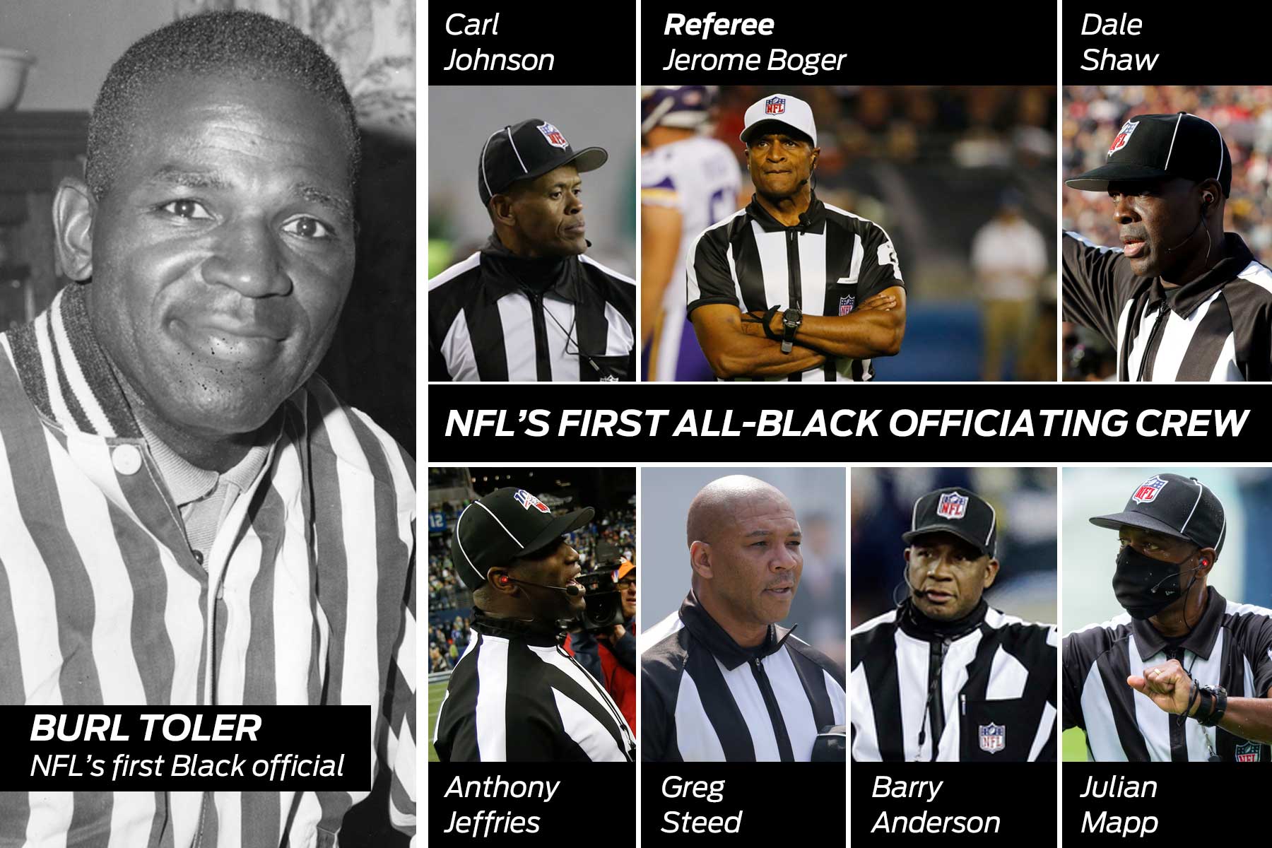 Officials pose before an NFL football game between the Los Angeles