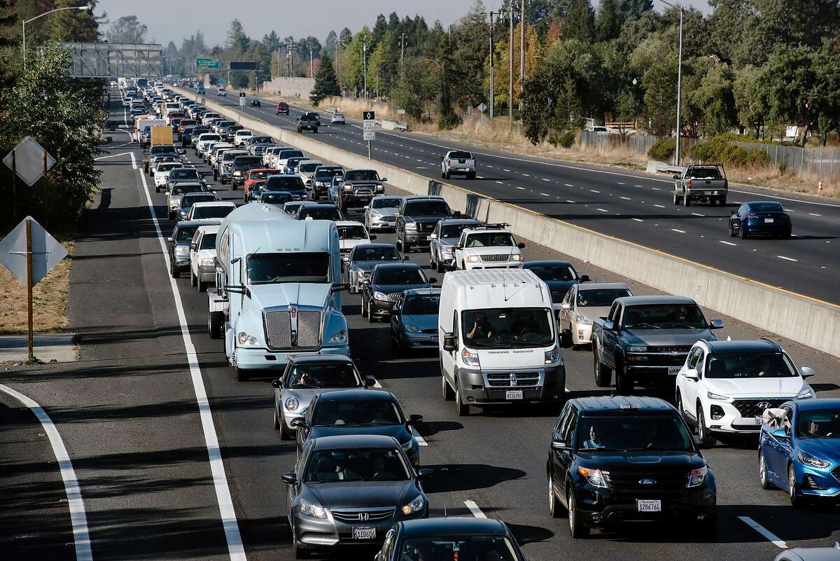 Traffic is bumper to bumper on south bound 101 in Windsor, Calif., last fall. The state is trying to preserve its right to tailpipe emissions standards, pitting it against the federal government — at least for now.