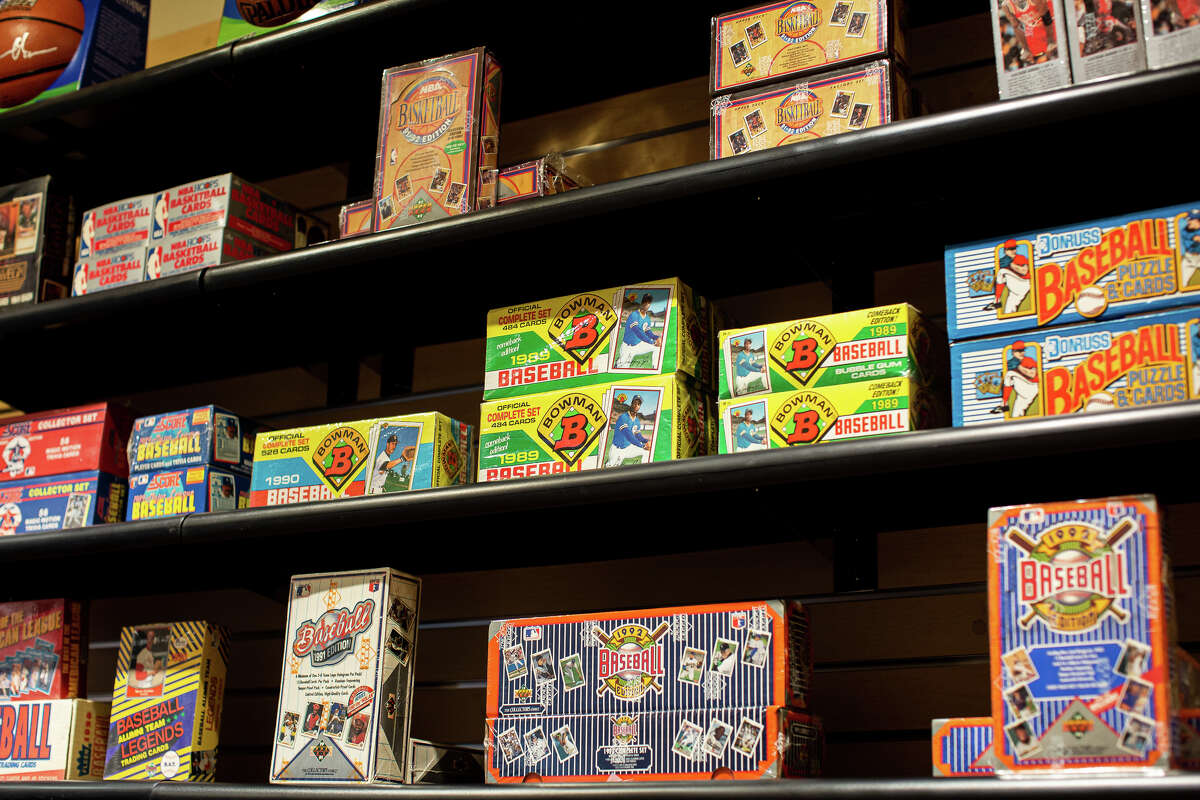 Boxes of trading cards at Classic Materials Sports & Collectibles located in Stonestown Galleria, San Francisco.