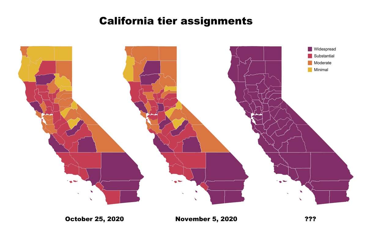 A manipulated illustration shows what might happen if people gather in large groups inside without masks during the Thanksgiving holiday. An explosion in cases could throw the entire state into the purple tier in California's reopening plan.