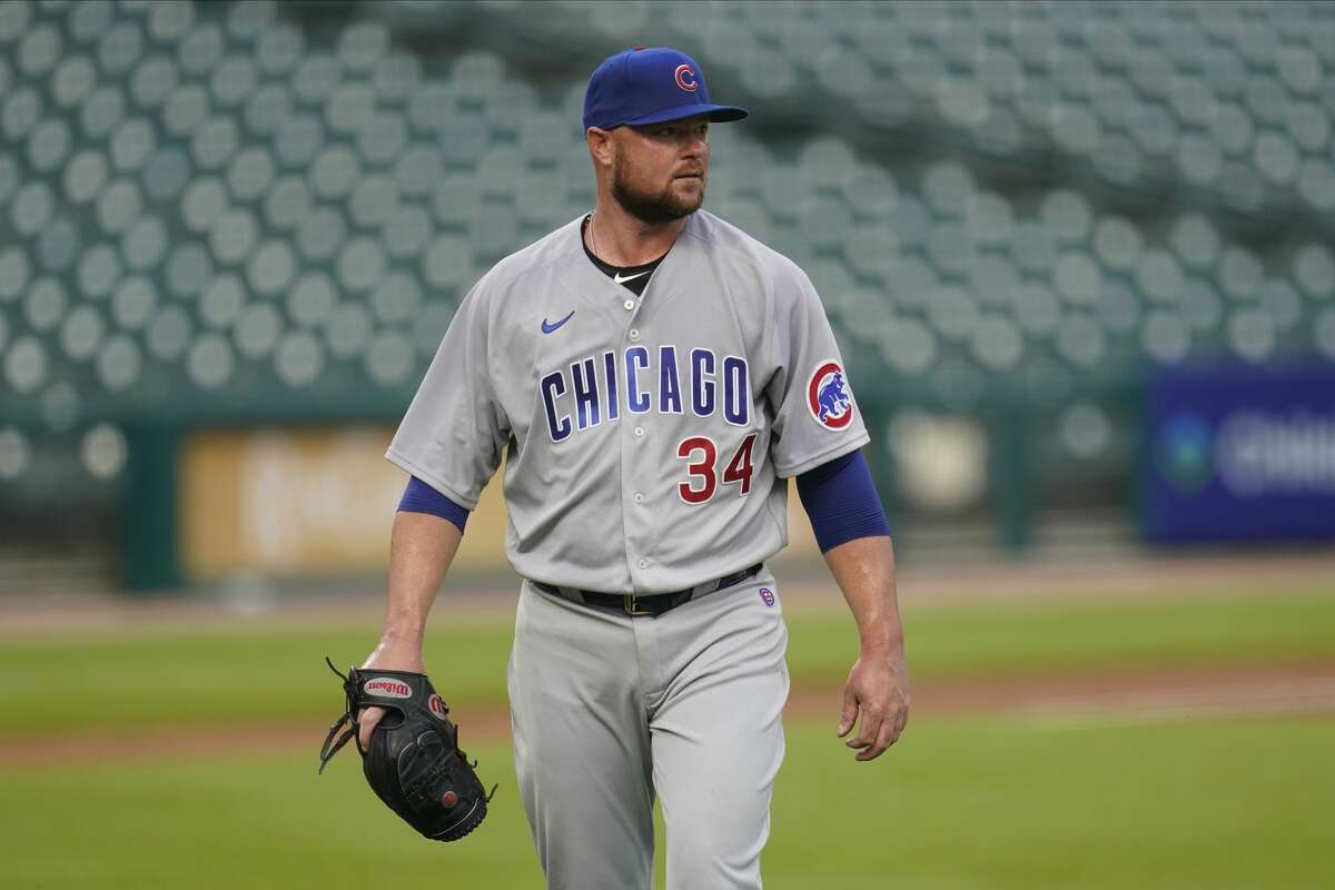 Chicago Cubs pitcher Jon Lester walks to the dugout against the Detroit Tigers in the first inning of a baseball game in Detroit, Wednesday, Aug. 26, 2020.
