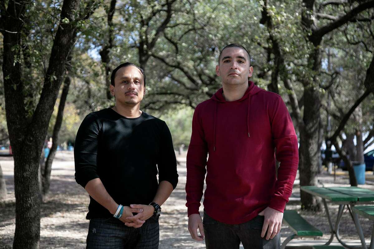 Carlos Montez Jr., left, the father of 16-year-old Alexa Montez, stands with Hector Bribiescas, the father of London Bribiescas, 10, at a San Antonio park last November. Both have sued Charles Edward Wheeler for their daughters’ shooting deaths. The girls were found dead with their mother at Wheeler’s home in Anaqua Springs Ranch two years ago.