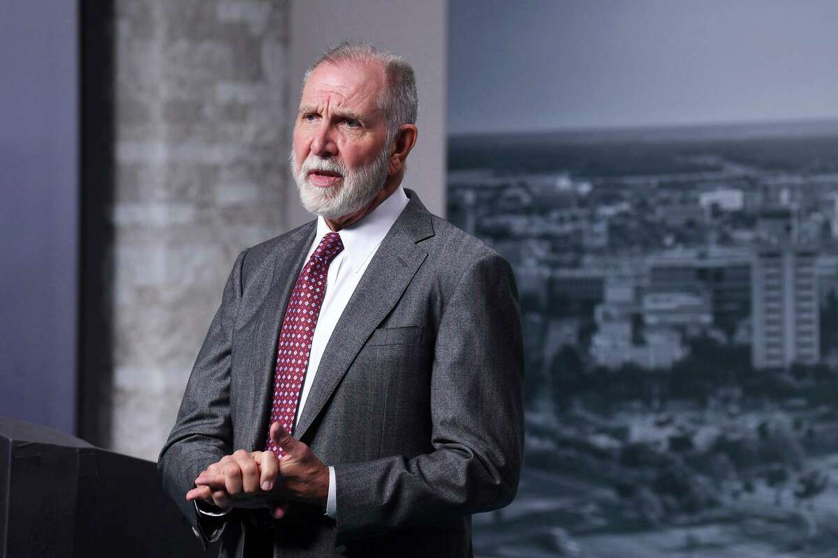 Texas A&M University President Michael K. Young talks Wednesday, Sept. 2, 2020 about his decision to stay in College Station as director of the school's Institute for Religious Liberties and International Affairs following his planned retirement next year. (Laura McKenzie/College Station Eagle via AP)