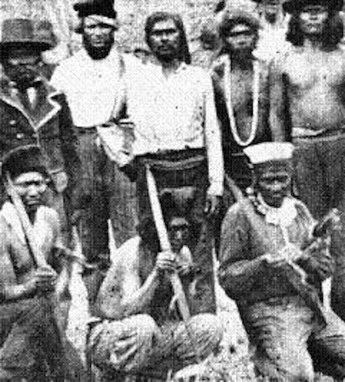 Yuki men at the Nome Cult Farm, a forced labor camp in Mendocino County, Calif., circa 1858. Historian Benjamin Madley says Nome Cult Farm essentially was an ethnic gulag for captured Native Americans of the Eel River watershed. Eventually the camp became part of the Round Valley Reservation.