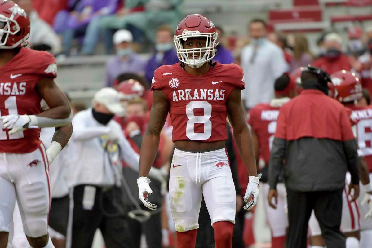 Arkansas receiver Mike Woods against LSU during an NCAA college football game Saturday, Nov. 21, 2020, in Fayetteville, Ark. (AP Photo/Michael Woods)