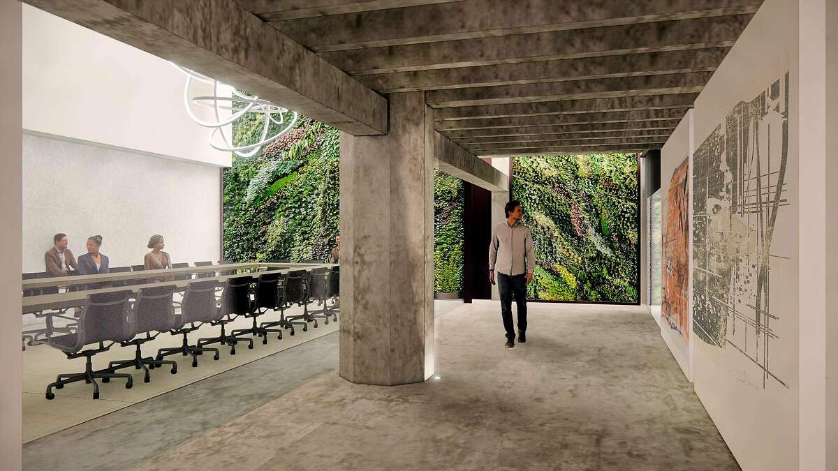 A rendering of the new storefront office of the San Francisco chapter of the American Institute of Architects. This rendering shows a meeting room at the rear that would be against a living wall.