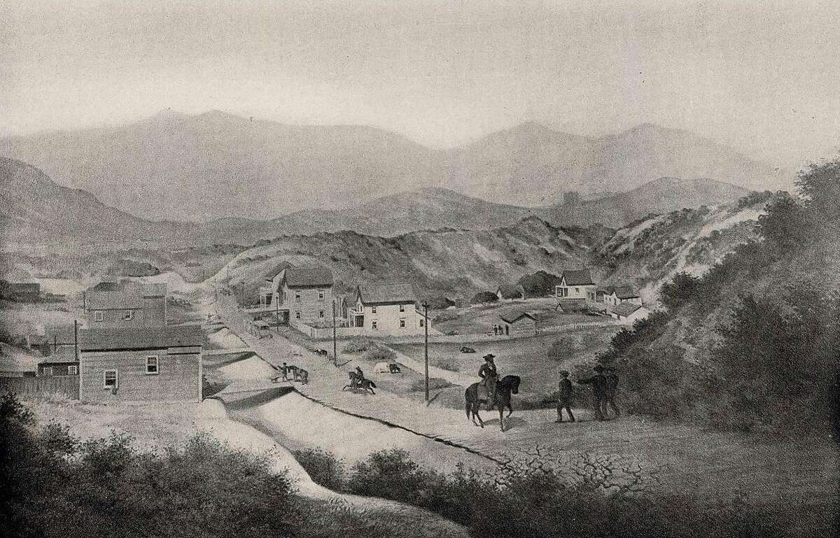 An etching from 1856 of Mission Plank Road looking southwest from Ninth Street in San Francisco. Tolls on the road ranged from 25 cents to $1.