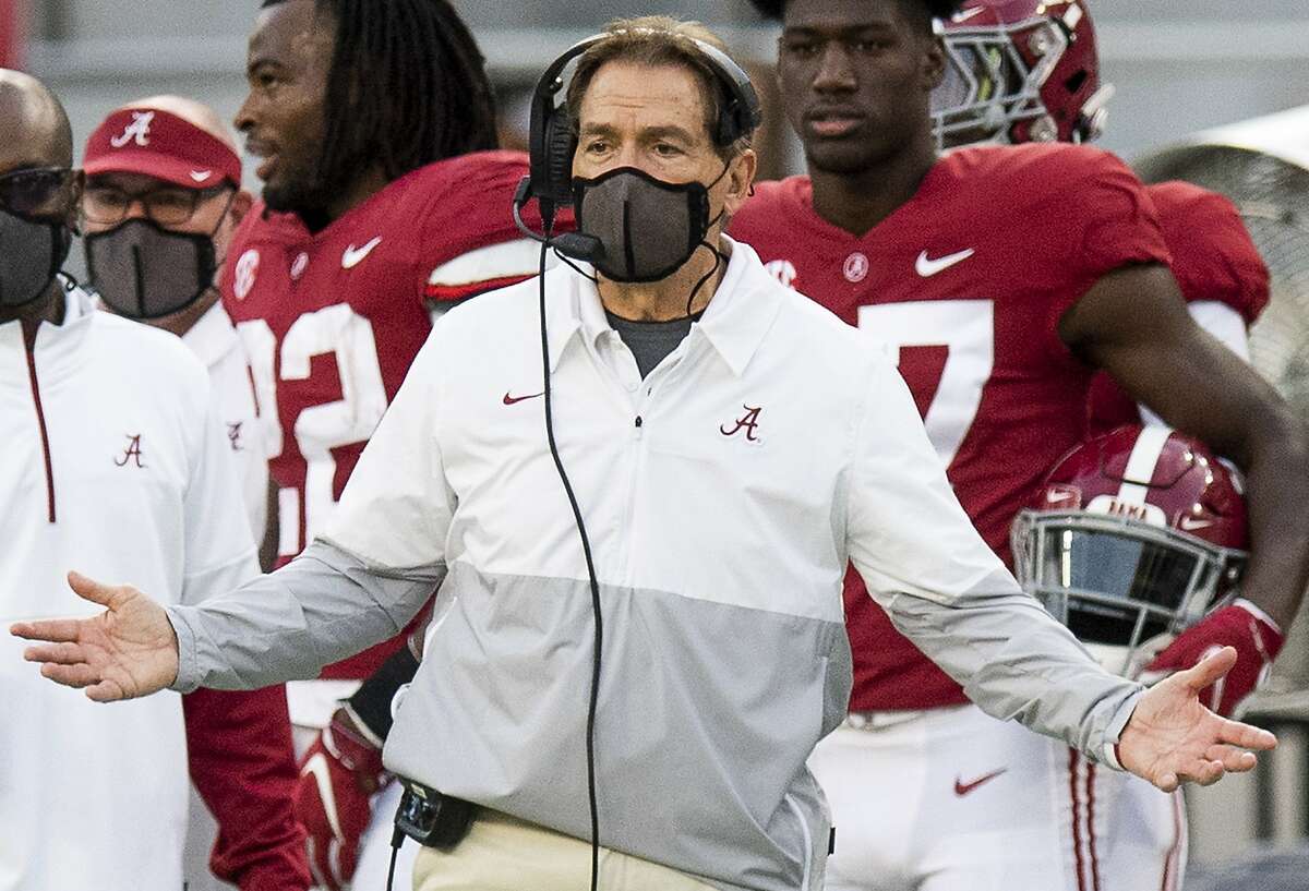 Alabama coach Nick Saban gestures during the team's NCAA college football game against Kentucky on Saturday, Nov. 21, 2020, in Tuscaloosa, Ala. (Mickey Welsh/The Montgomery Advertiser via AP)