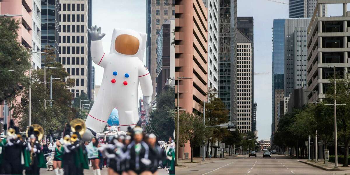 Left: Milam Street in Houston on Thanksgiving Day in 2018. Right: Milam Street in Houston on Thanksgiving Day in 2020.