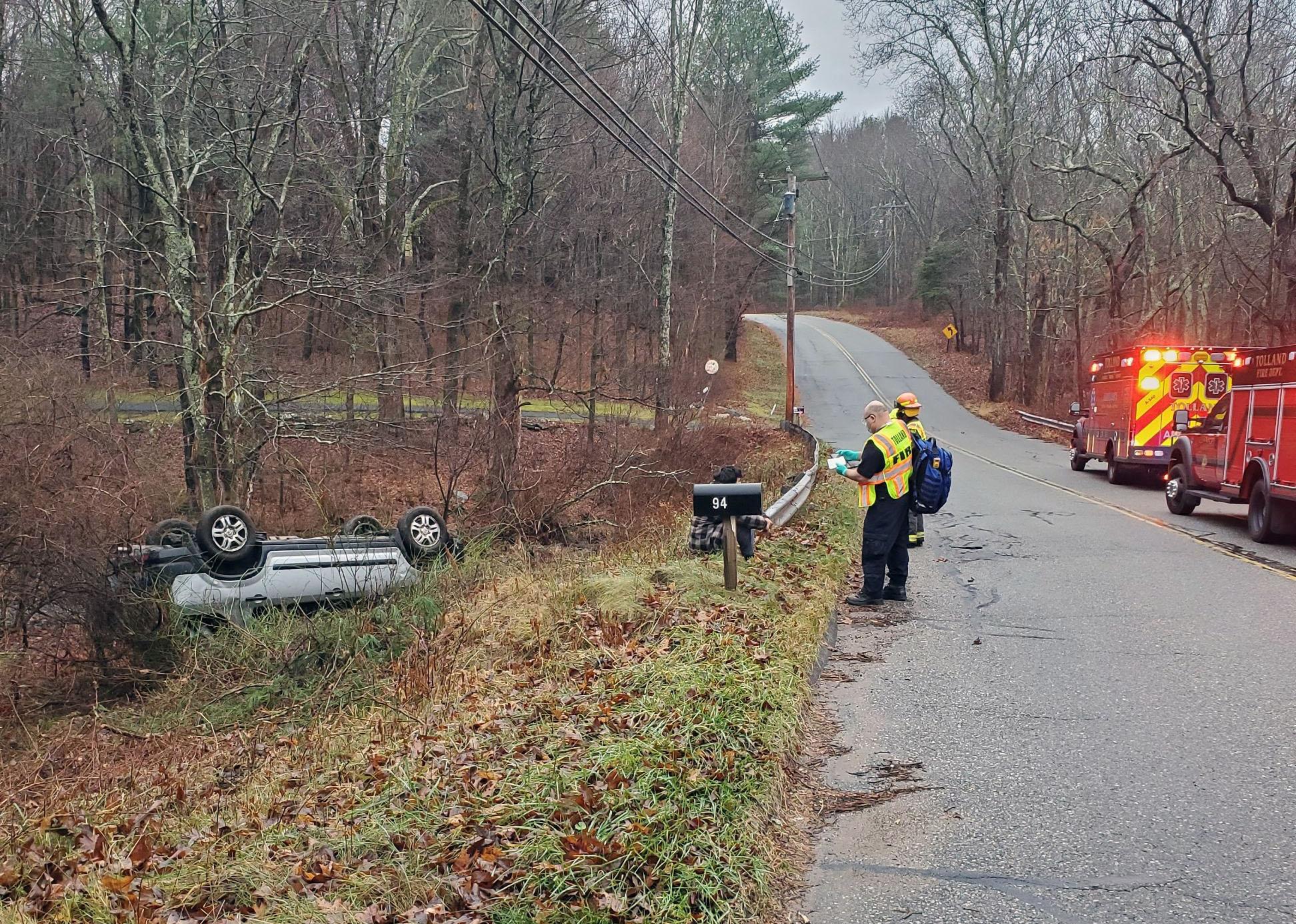 No injuries in Tolland rollover crash